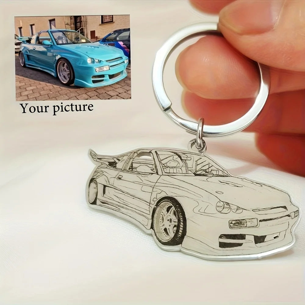 Stainless Steel Round Custom Keychain, Customized with Cartoon Photos of Sports Cars, Motorcycles, and Bicycles, Fashionable Keychain for Racing Enthusiasts and Men