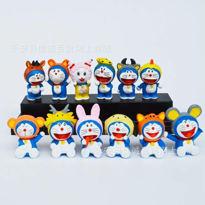 12 constellation Doraemon character set, tinkling cat 12 zodiac PVC mini statue, desktop ornaments collection model toy gift.