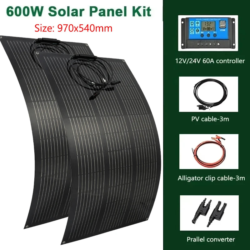 300W 600W Flexible Solar Panel With 60A Solar Regulator Cable For 12V Battery Charger Home Roof Outdoor Camping Car RV Boat