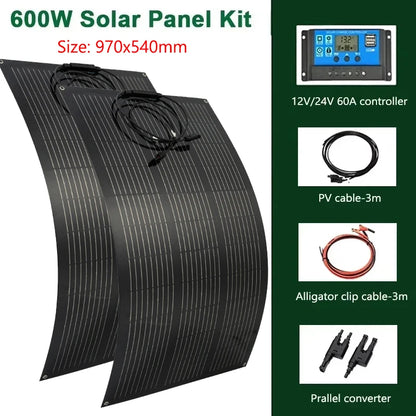 300W 600W Flexible Solar Panel With 60A Solar Regulator Cable For 12V Battery Charger Home Roof Outdoor Camping Car RV Boat