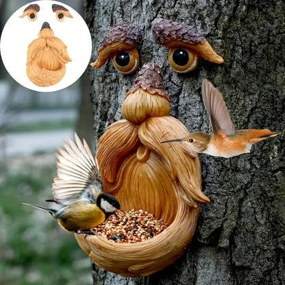 Tree Face Decor Bird Feeder Outdoor,Eyes Glow in Dark Fun Old Man Tree Hugger Sculpture Yard Art Garden Lawn Ornament Decoration