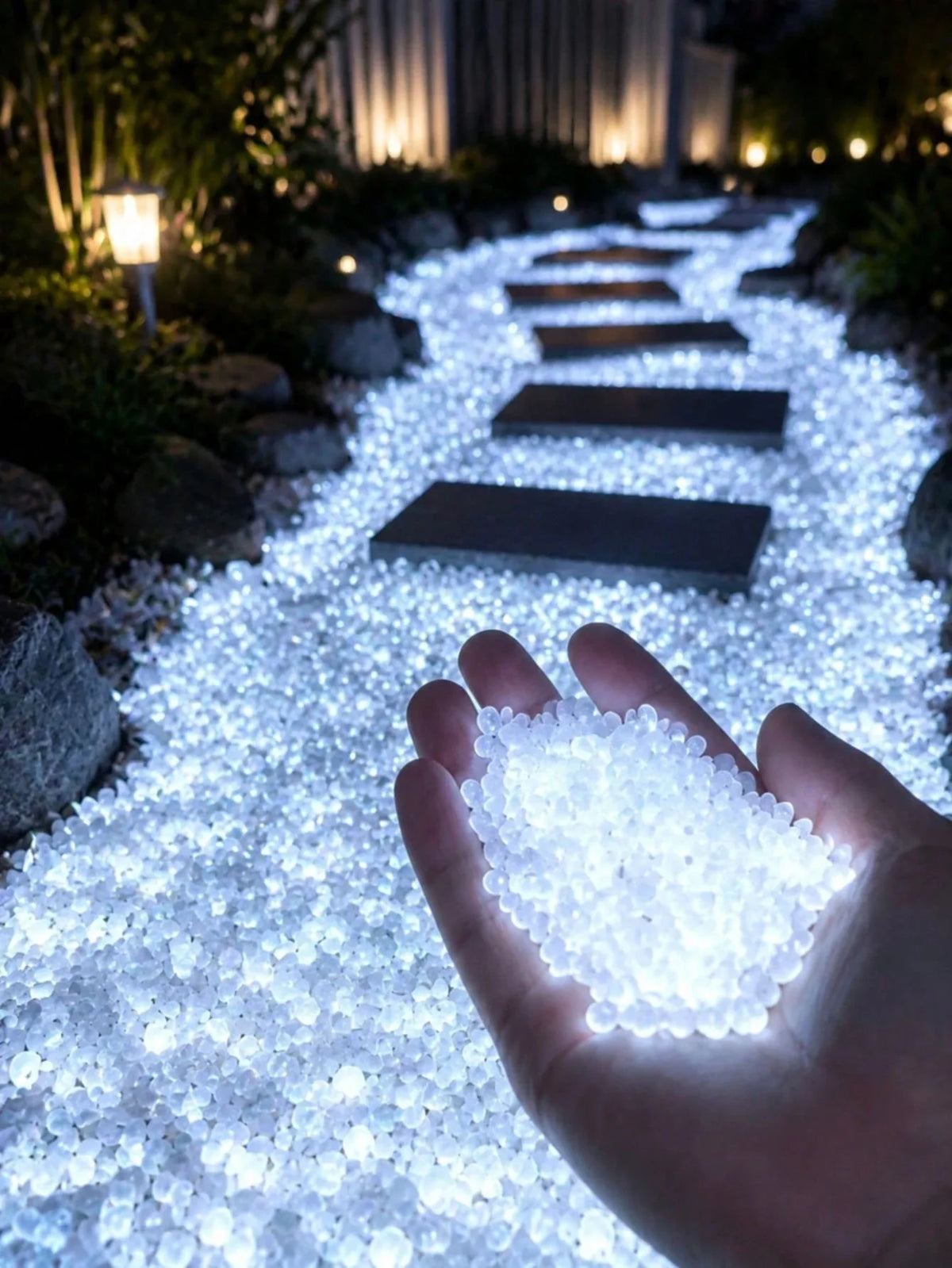 Glow in the dark decorative pebbles showcased in a hand, illuminating a garden pathway at night.