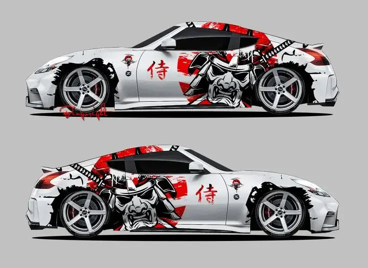 Japanese samurai car stickers featuring bold designs on a modified vehicle, showcasing unique art and vehicle decoration.