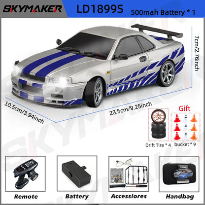 Skymaker LDRC 1/18 RC Drift Car LD1899 GTR Mode R34 2.4GHz RWD with Gyroscope on-Road Alloy Body Shell Racing Car for Boys Gifts