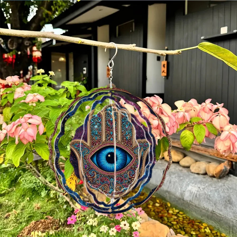 A Windmill Hanging Ornament with a Palm Eye Wind Chime Features a Rotating And Folding Design Made of Metal, Creating a Strong