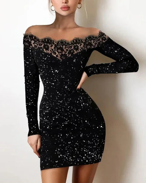 Women Elegance, Leisure, Sexy Long sleeved Lace Edge, One Shoulder Silver Powder Sprinkled Dress