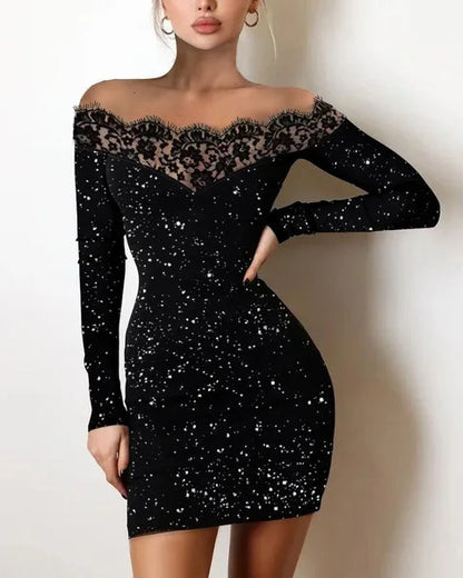 Women Elegance, Leisure, Sexy Long sleeved Lace Edge, One Shoulder Silver Powder Sprinkled Dress