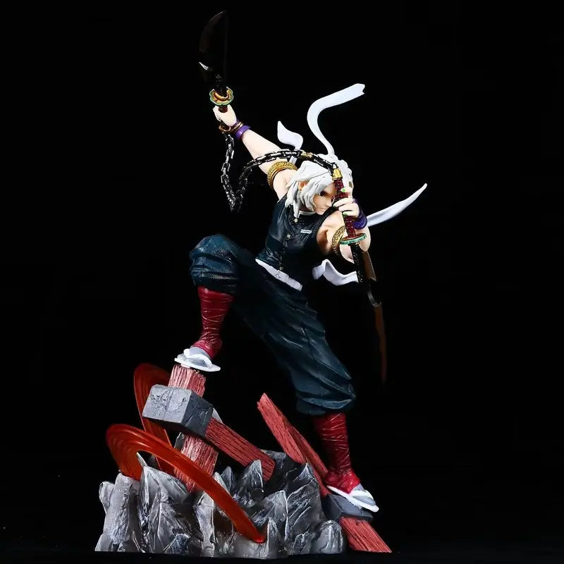 27cm Demon Slayer Tengen Uzui Sound Hashira Statue Double Head Sculpt Battle Scene Desktop Decor Collectible Anime Model Gift