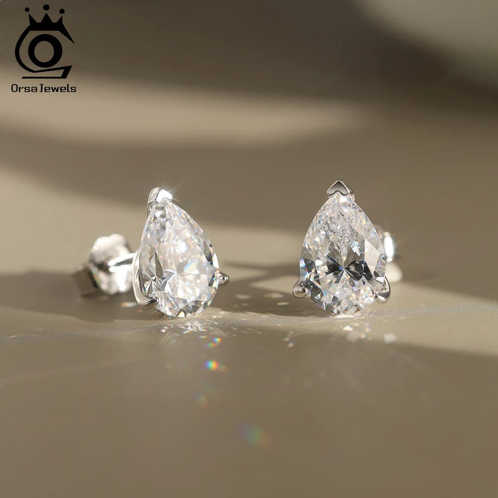 ORSA JEWELS 925 Sterling Silver Stud Earrings with Water Drop Cut Zirconia Stone, Elegant and Timeless Jewelry for Women LZE02