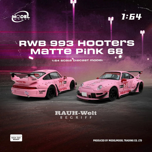 Modelmodel 1/64 RWB 993 Hooters Matte Pink 68 Diecast Alloy Car Model Porsche Collectible Toy