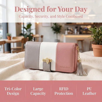 Pomelo Best Tri‑Color Women's Wallet PU Leather Long Zipper RFID Blocking Large Capacity 9 Card Slots Tassel Pendant Fits Phone