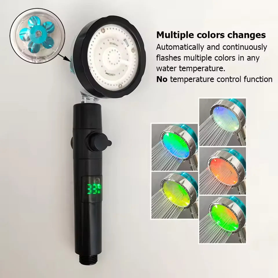 LED Digital Temperature Display Shower Head Temperature Control Colorful Fan Spray Nozzle High Pressure Rainfall Bathroom Shower
