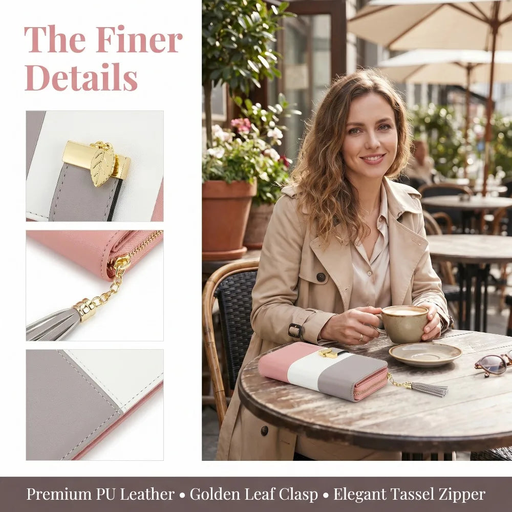 Pomelo Best Tri‑Color Women's Wallet PU Leather Long Zipper RFID Blocking Large Capacity 9 Card Slots Tassel Pendant Fits Phone