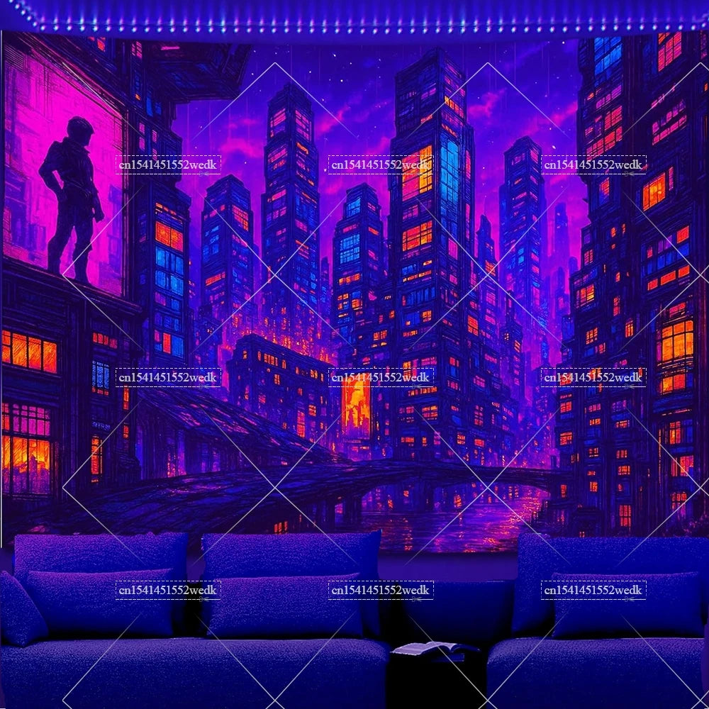 Glow In The Dark Urban Landscape Blacklight Tapestry UV Reactive Street Scene Neon Tapestrys Aesthetic Fluorescent Tapestries
