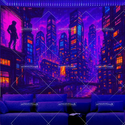 Glow In The Dark Urban Landscape Blacklight Tapestry UV Reactive Street Scene Neon Tapestrys Aesthetic Fluorescent Tapestries