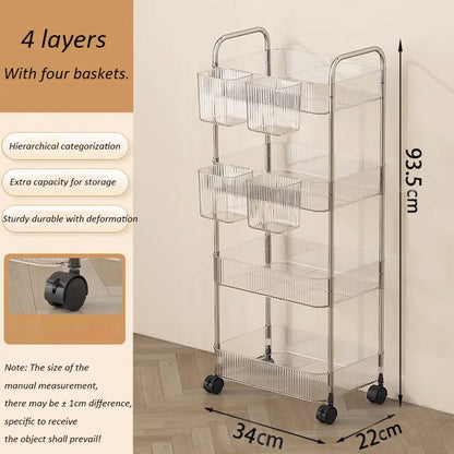 2/3/4Layers Light Luxury Storage Rack Trolley Transparent Acrylic Rolling Cart With Removable Hanging Baskets Snacks Bookshelf