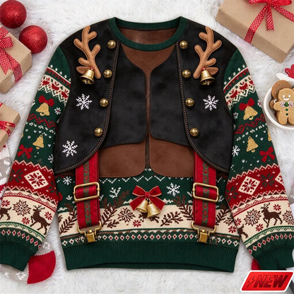 Xmas Sweatshirt Men Funny Cosplay 3D Print Fake Sweater Knit Reindeer Snowflake Pattern Festive Gift New Long Sleeve Sweatshirt