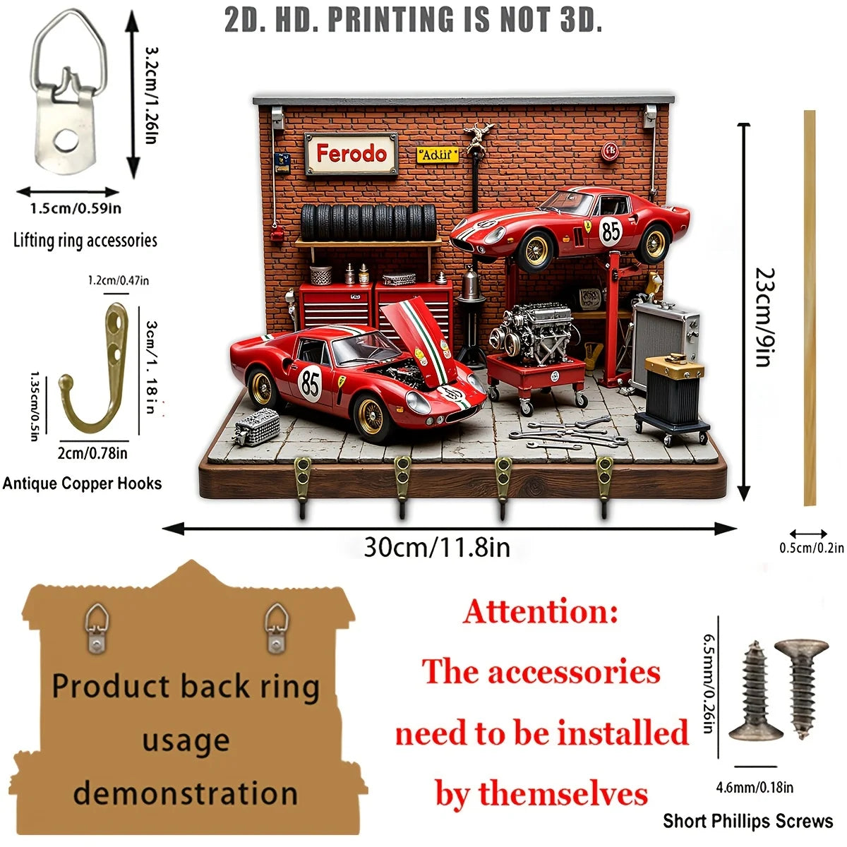 2D Flat, 1pc, Classic Racing Theme Style Key Hook, Wooden Multifunctional Home Key Rack, with Four Metal Hooks, Wall