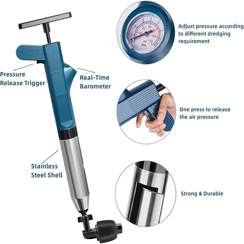 Powerful Toilet Plunger Stainless Steel Pipe Dredger Unblocker Pneumatic High-pressure Dredging Air Drain Blaster Tool Set