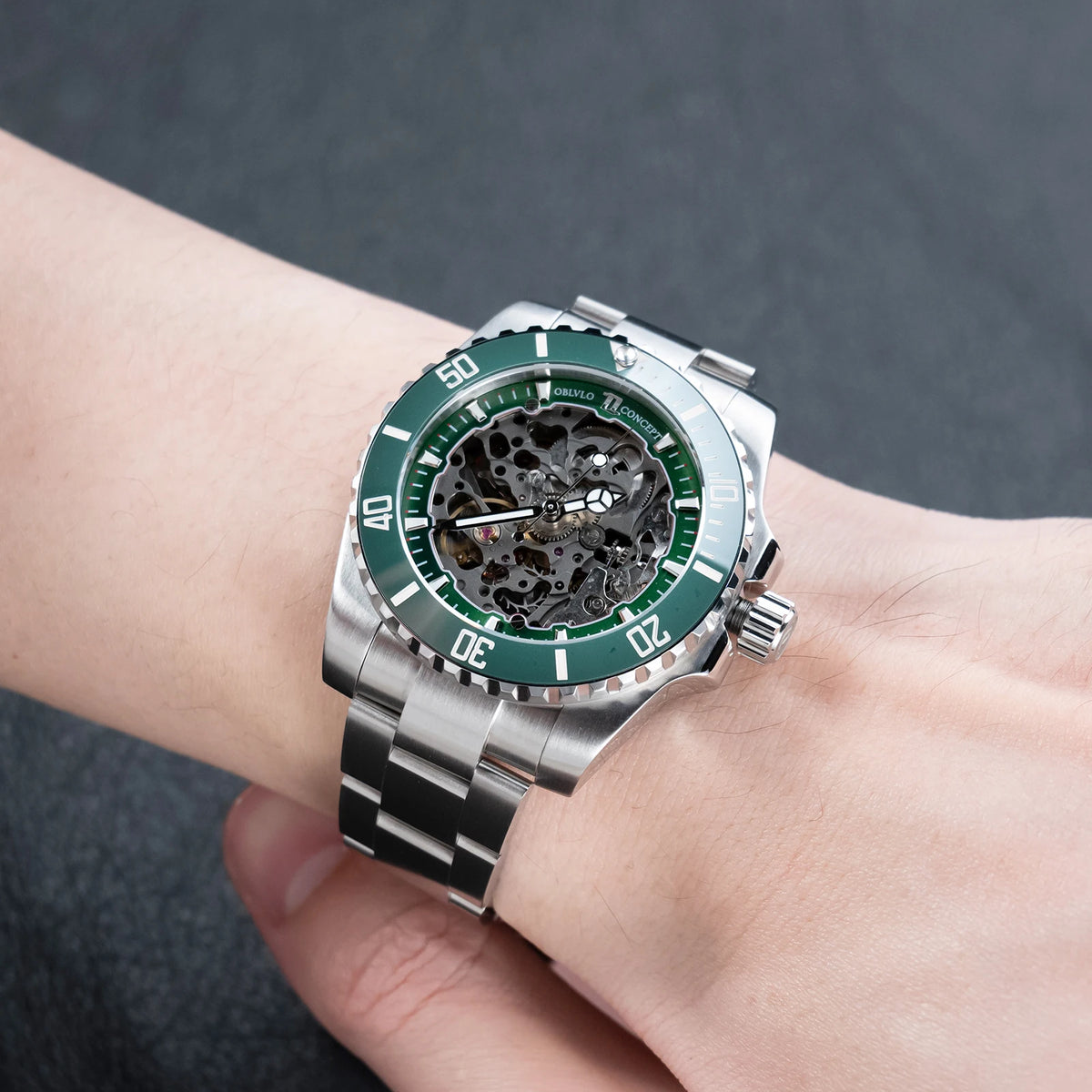 OBLVLO Men's Luxury Green Skeleton Dial Diving Watch Stainless Steel Luminous Waterproof Automatic Mechanical RX-DK Top Brand
