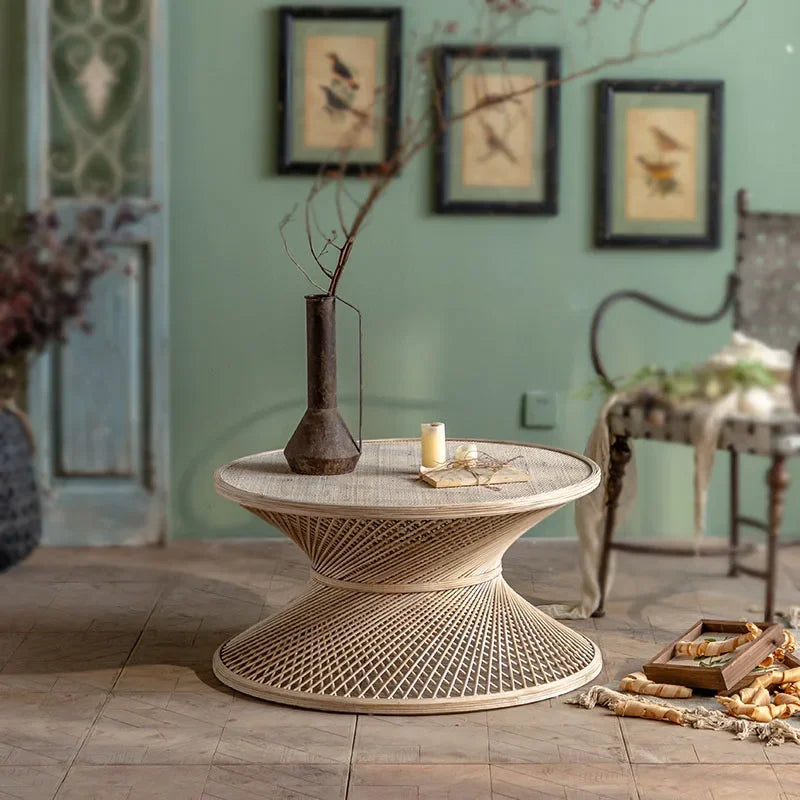 Retro Style Woven Small Round Table B&B Hotel Lobby Side Table Modern Simple Rattan Small Coffee Table Furniture Living Room
