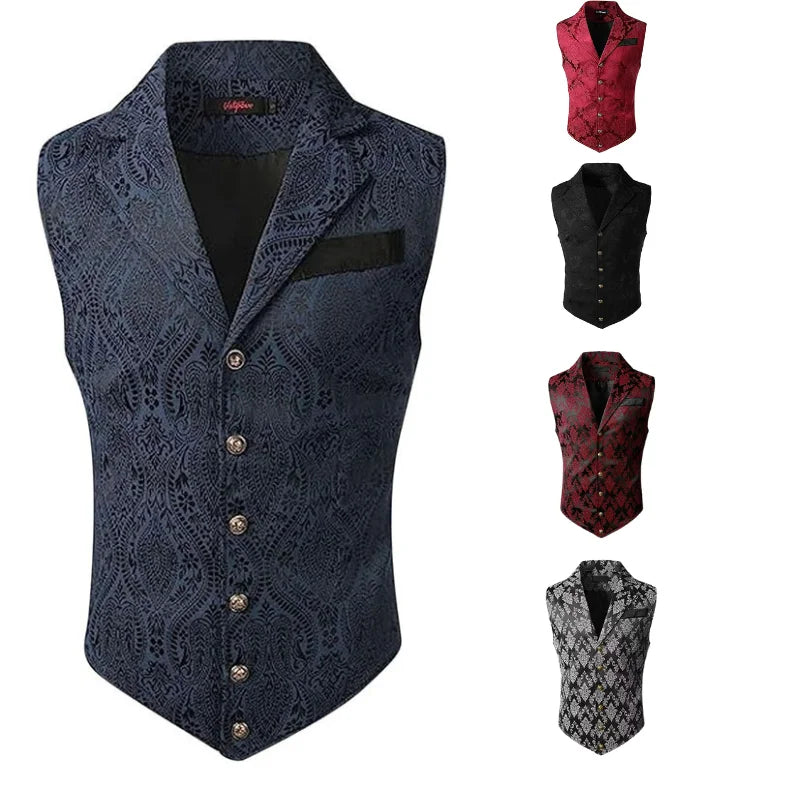 Victorian Floral Jacquard Men Suit Vest Formal Business Lapel Single Breasted Slim Fit Waistcoat Wedding Banquet Party Tops
