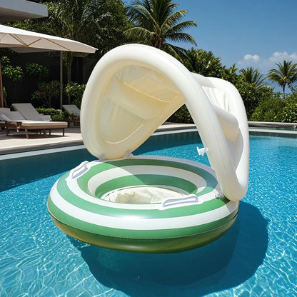 1 Pc Striped Pool Float Ring with Handles, Inflatable Swim Tube with Canopy Sunshade