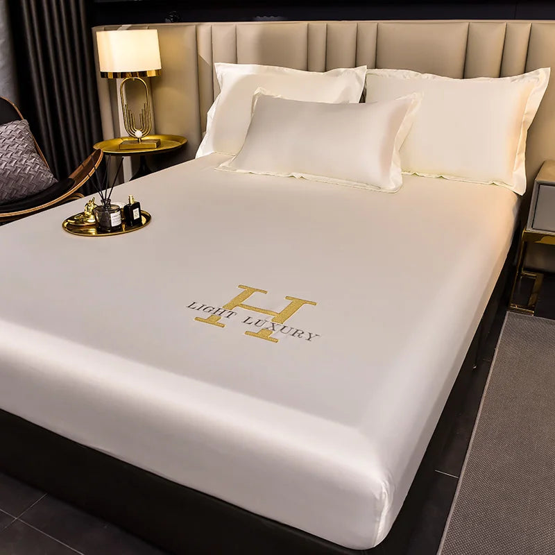 High-end Satin Fitted Sheet with Elastic Band Solid Color Silky Bed Sheet Smooth Non-Slip Mattress Cover Bedspreads Bed Linen