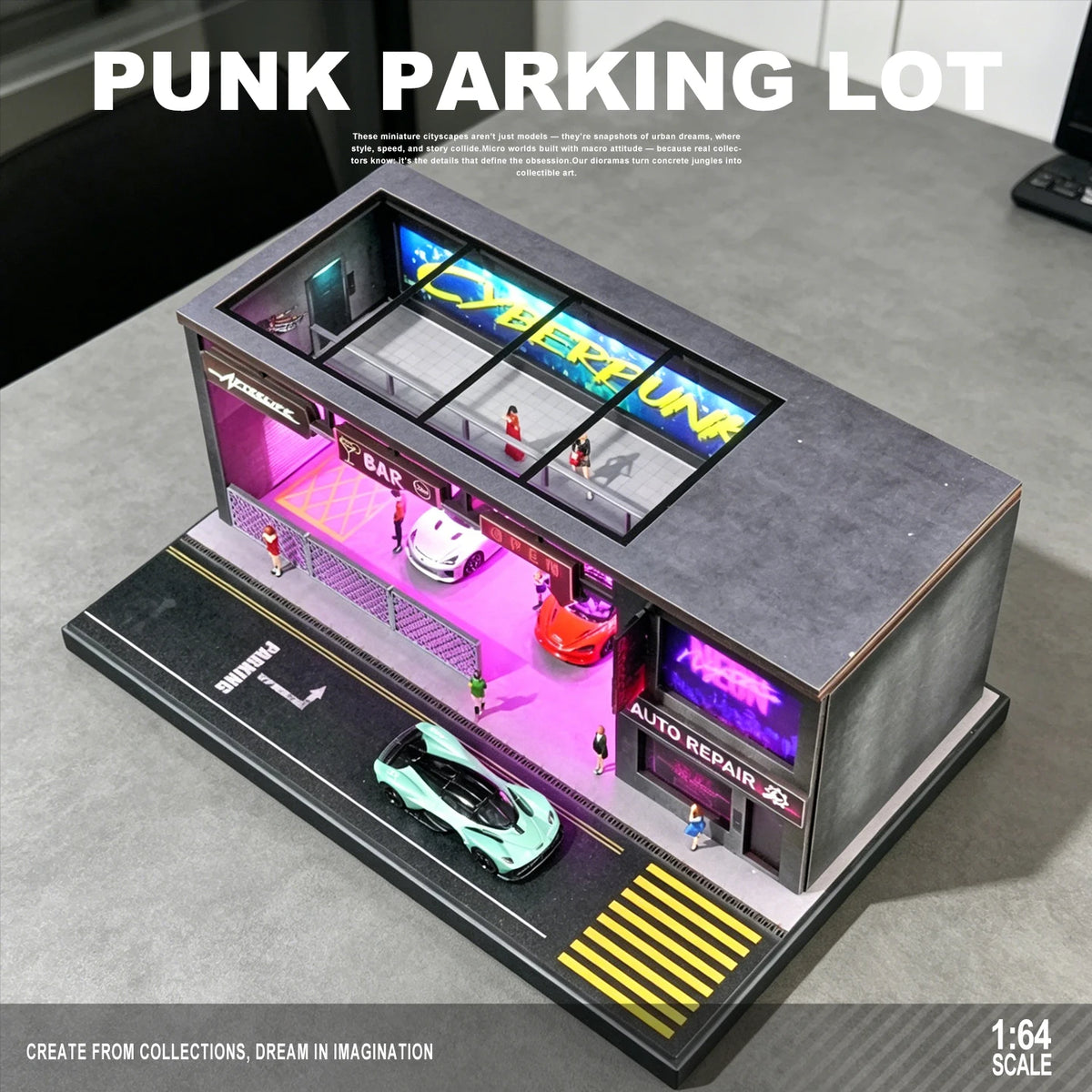 1:64 Scale Car Garage Diorama Model Assemble LED Lighting Car Parking Lot Backdrop Display Scene Model Toy Collection Gift
