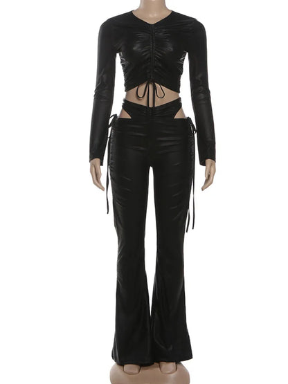 Sisterlinda Hollow Shirring Sexy 2 Piece Set Women Hipster Full Sleeve Crop Tops+High-Waist Flare Pants Matching Streetwear