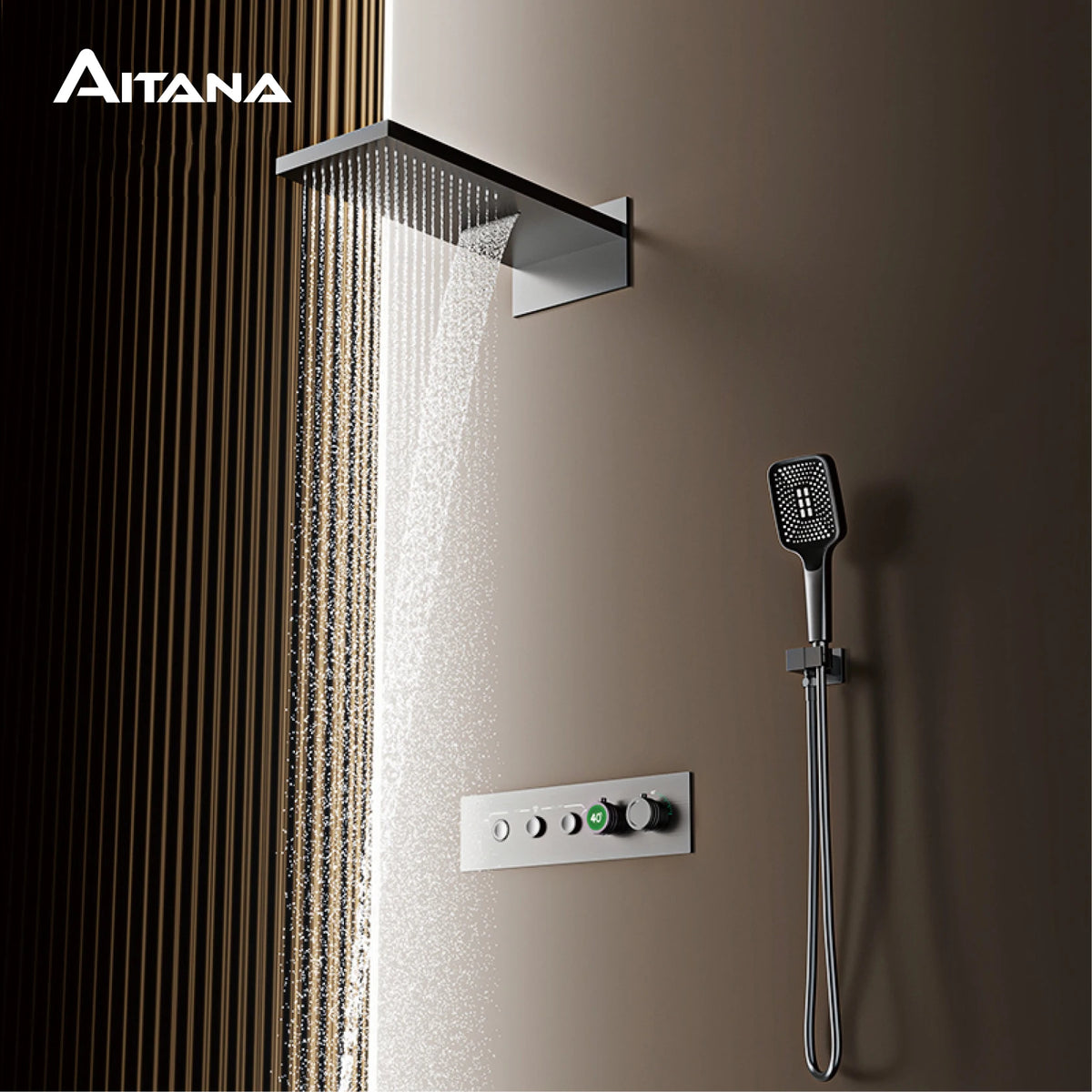 Luxury black brass wall mounted thermostatic shower system Simple embedded design for hot and cold water 3-function bathroom Tap