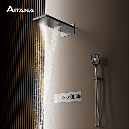 Luxury black brass wall mounted thermostatic shower system Simple embedded design for hot and cold water 3-function bathroom Tap
