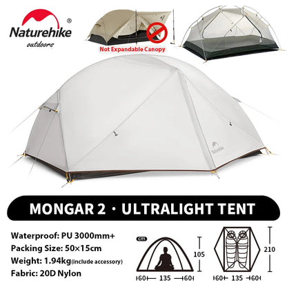 Naturehike Mongar UL PRO 1-3 People Tent 20D Ultralight Travel Waterproof Hiking Survival Outdoor Camping Portable Sun Shelter