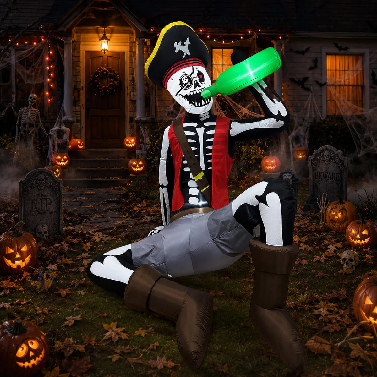 6.5FT Halloween Inflatable Decoration, Drinking Skeleton Pirate, Suitable for Patios, Lawns, Indoor and Outdoor Holiday Parties.