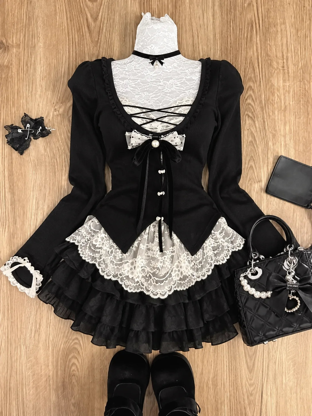 Sweet Lolita Lace Up Ruffles Cardigan+ Sexy Slim Fit Strapless Vest Tops+ High Waist Ruched Skirts Early Autumn Three Piece Sets
