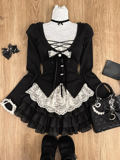 Sweet Lolita Lace Up Ruffles Cardigan+ Sexy Slim Fit Strapless Vest Tops+ High Waist Ruched Skirts Early Autumn Three Piece Sets