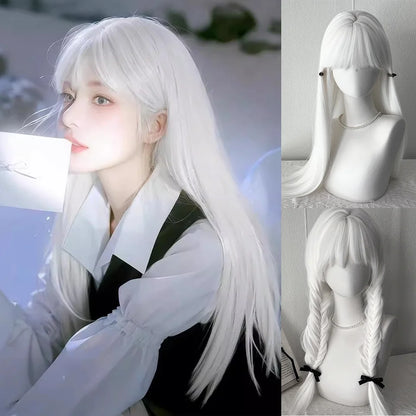 White Long Straight Wigs for Women with Bangs Natural Looking Synthetic Hair Wig for Halloween Cosplay Daily Use