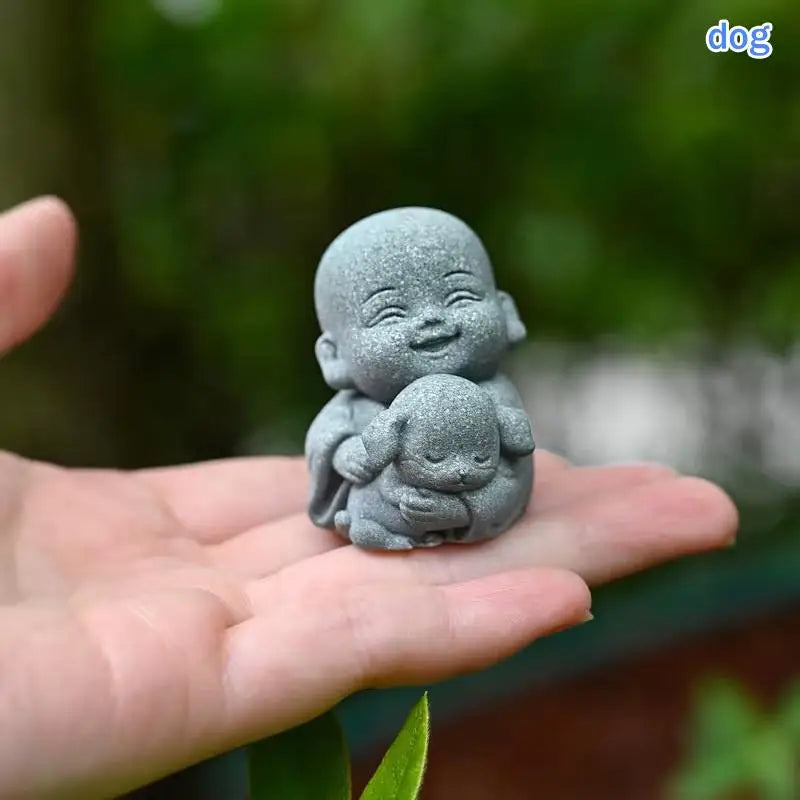 ♫Embracing Animal Monk Statue,Sandstone Finish Zen Baby Buddha Figurine,Mini Spiritual Decor for Home,Office & Garden