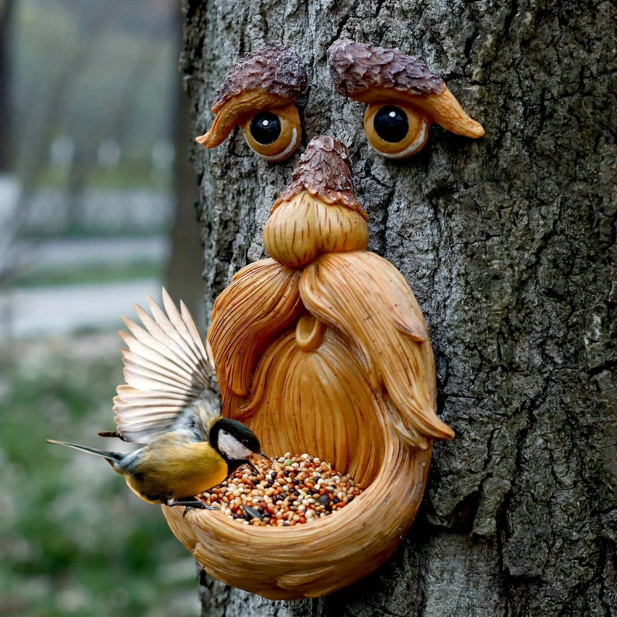 Tree Face Decor Bird Feeder Outdoor,Eyes Glow in Dark Fun Old Man Tree Hugger Sculpture Yard Art Garden Lawn Ornament Decoration