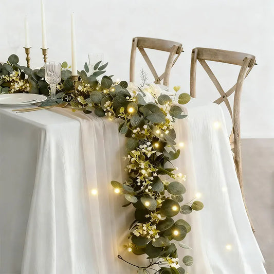 3 Pieces（2pcs Eucalyptus+1 Led Lights） Artificial Eucalyptus Garland with Lights, 5.9Ft Artificial Greenery Garlands, Battery O