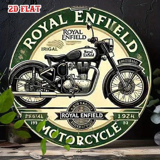 2D Flat, 1pc Vintage Royal Enfield Motorcycle Metal Tin Sign - 7.87x7.87 Round Aluminum Wall Decor with Classic Design, Heritage