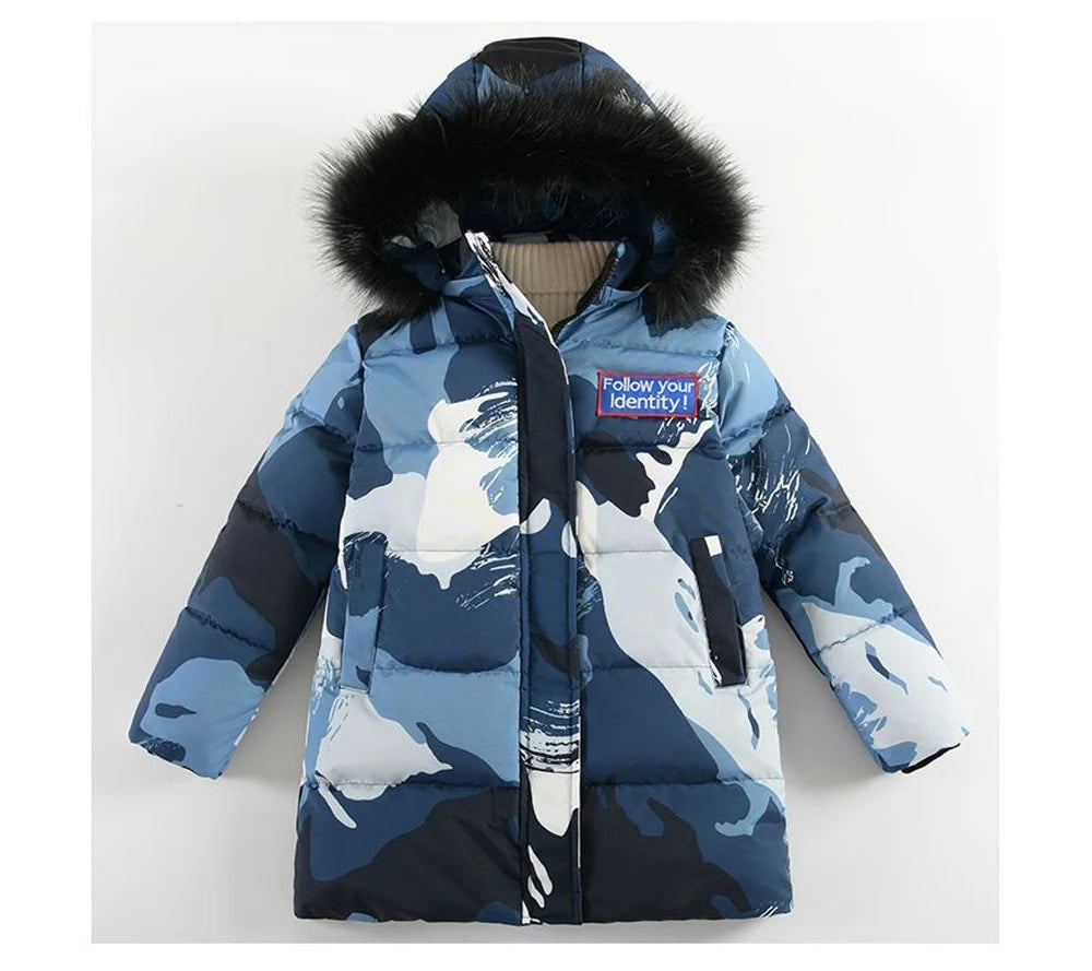 Winter Kids Thickened Long Coats Boys Camouflage Padded Hooded Cotton Jackets Plus Velvet Warm Outerwear Children Clothing