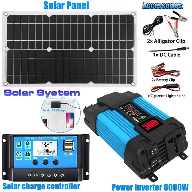 6000W Solar Inverter Kit Complete Power Generation 600W Solar Panel 110V/220V System 12V Solar Panel Battery Charging Controller
