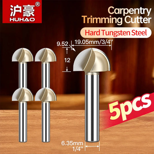 HUHAO 5PCS Half Round Radius Bottom Bullnose Router Bits Wood Circular Arc Cove Box 1/2 1/4 Bowl Ball Nose Milling Cutter Tool
