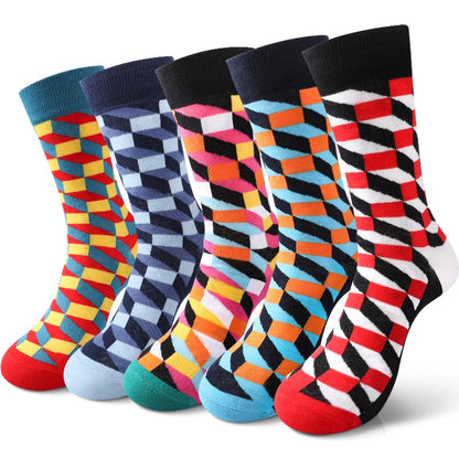 5 Pairs Colorful Geometric Men's Mid-tube Socks Fashion Breathable Sports Sock Comfortable Casual Crew Socks Suitable Daily Wear
