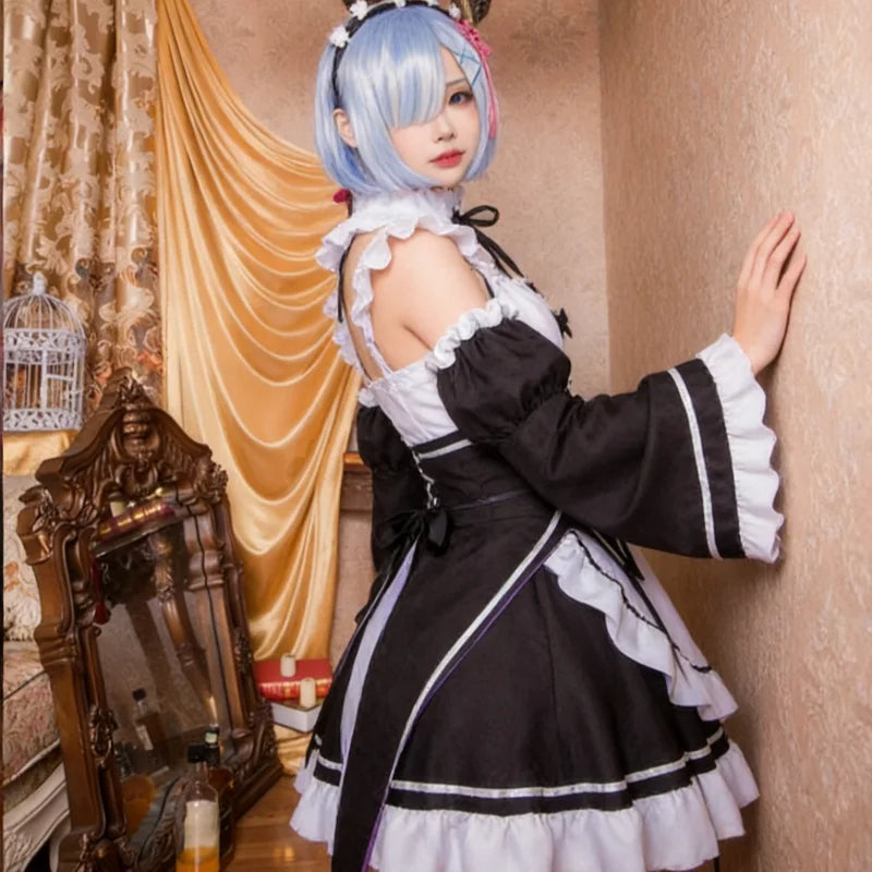 Rem Ram Cosplay Costume Anime Re Life in A Different World From Zero Cos Dress Maid Outtift Full Set Women Christmas Halloween