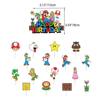 Mario Luigi Peach Princess Yoshi Toad Cake Insertion Cards Banner Spiral Tablecloth Mario Theme Birthday Party Carvinal Props