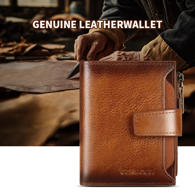 GERUOLA Men's Genuine Leather Wallet, Vintage RFID Blocking Anti-Theft Folding Wallet, ID Window, Coin Pocket, and Zipper Closur