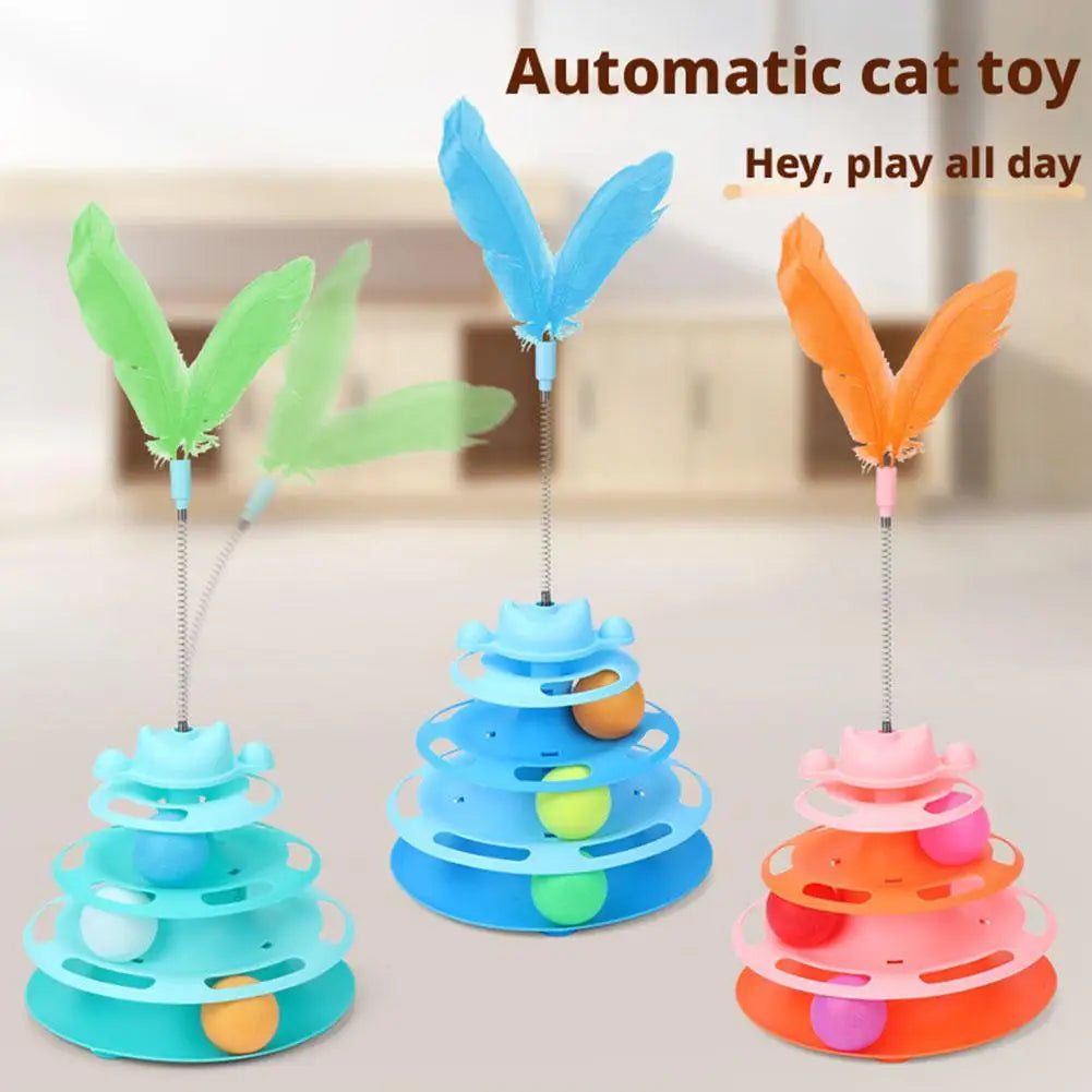 Cute 4 Layer Cat Track Toy Interactive Roller Turntable Ball With Moving Feather Wand For Kitten Fun Pet Accessories