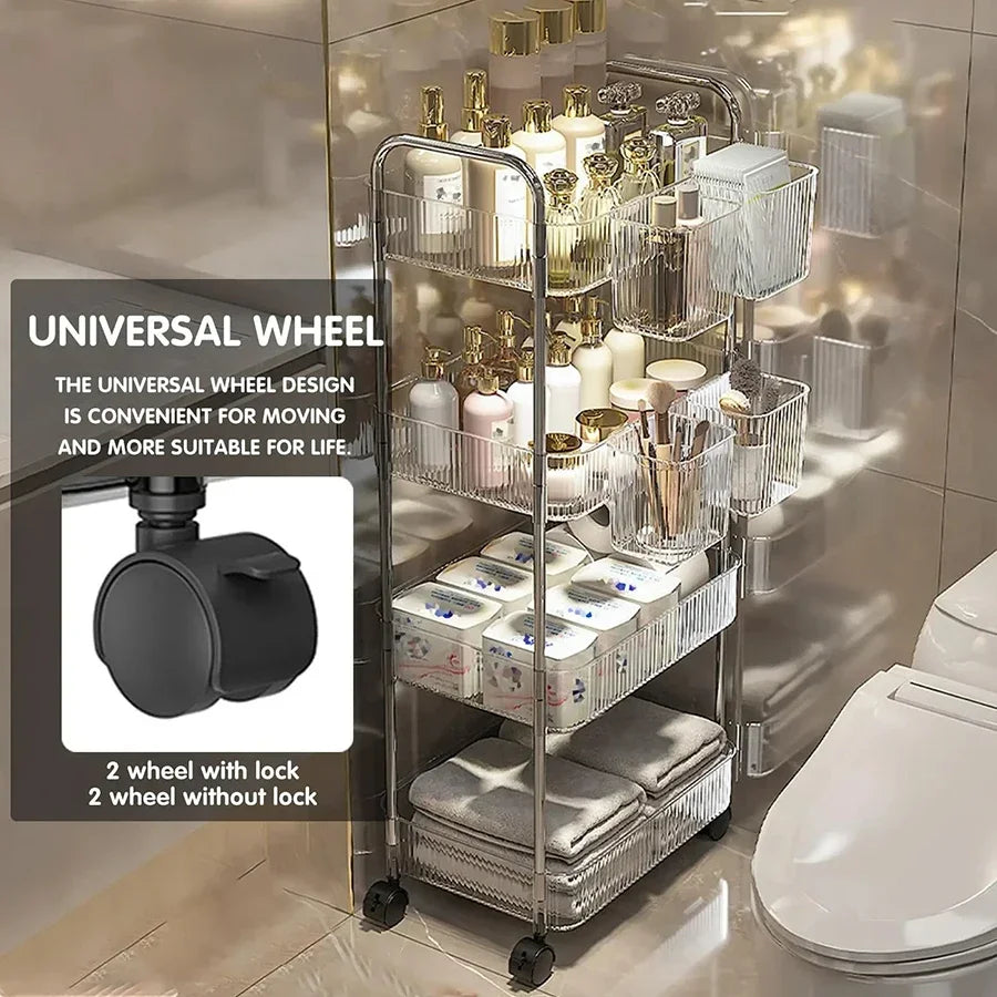 2/3/4Layers Light Luxury Storage Rack Trolley Transparent Acrylic Rolling Cart With Removable Hanging Baskets Snacks Bookshelf